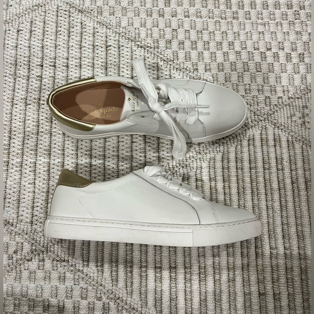 Kate Spade New York Adora Leather White and Gold Sneakers